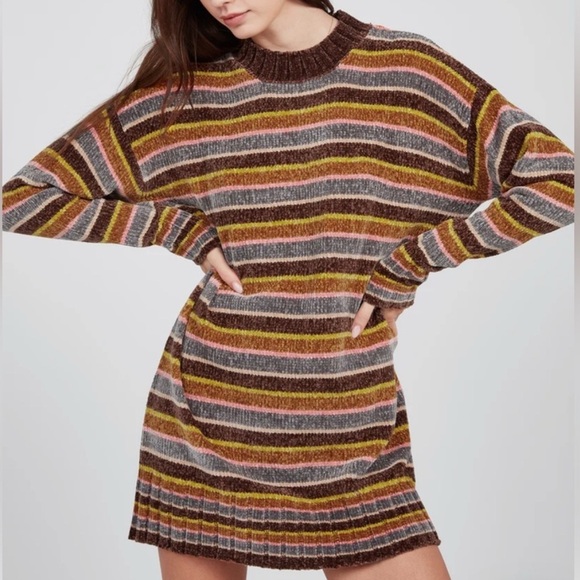 Volcom Large Dress Sweater Bubble Tea Chenille Dark Chocolate Striped NWT - Picture 1 of 9